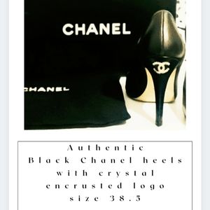 Chanel black crystal encrusted logo heels